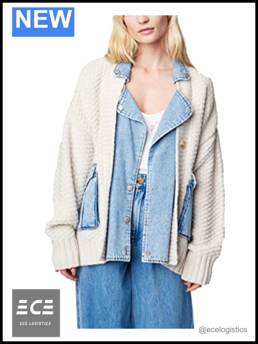 Button Up Cardigan Collared Long Sleeve Relaxed Knit Denim